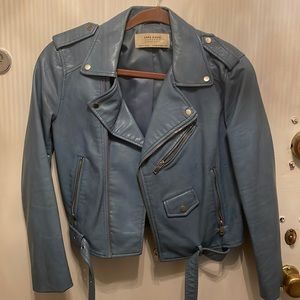 Zara basics light blue faux leather biker jacket size medium